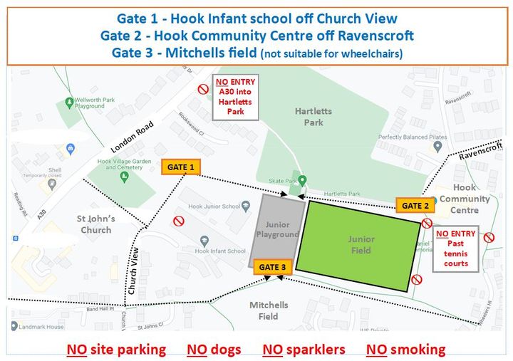 Map showing Entrance points for HSCA fireworks 2022