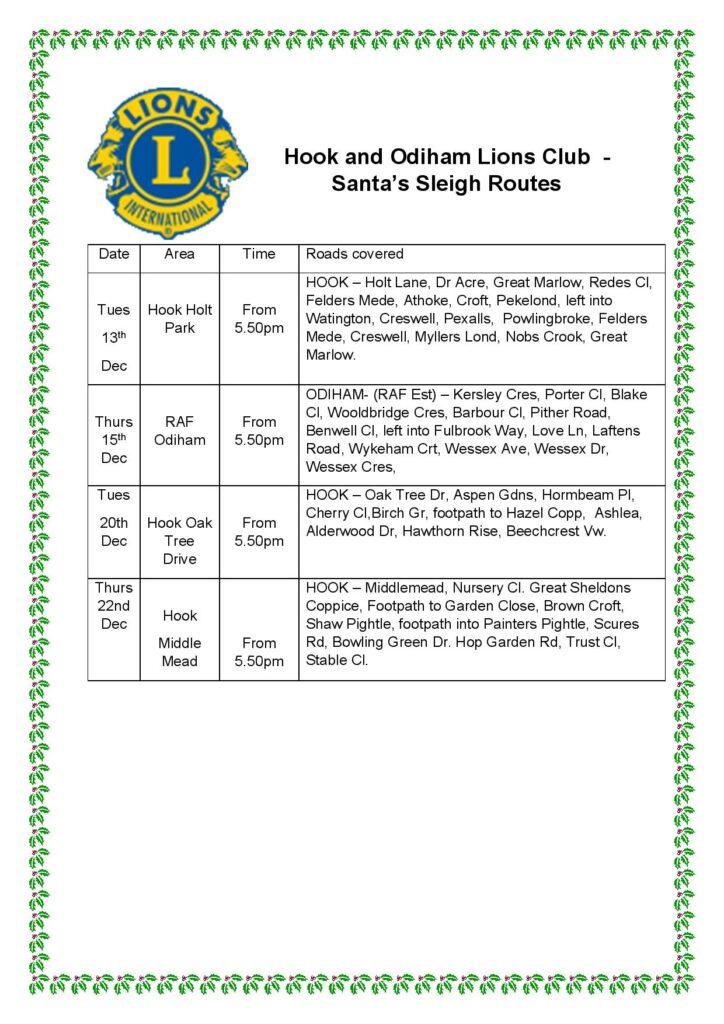 List of locations and dates of Hook and Odiham lions  Club Santa Sleigh runs